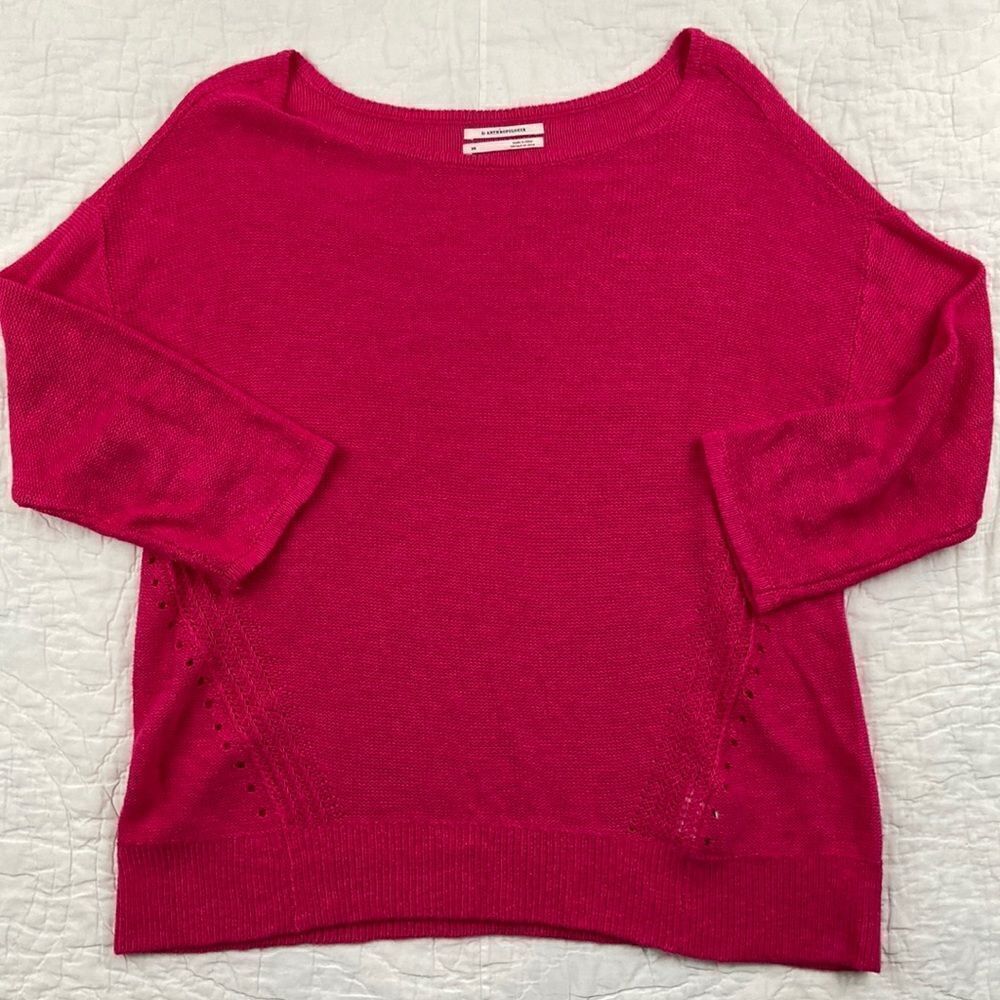 Anthropologie Knit Linen Blend Fuchsia Crewneck Sweater size XS